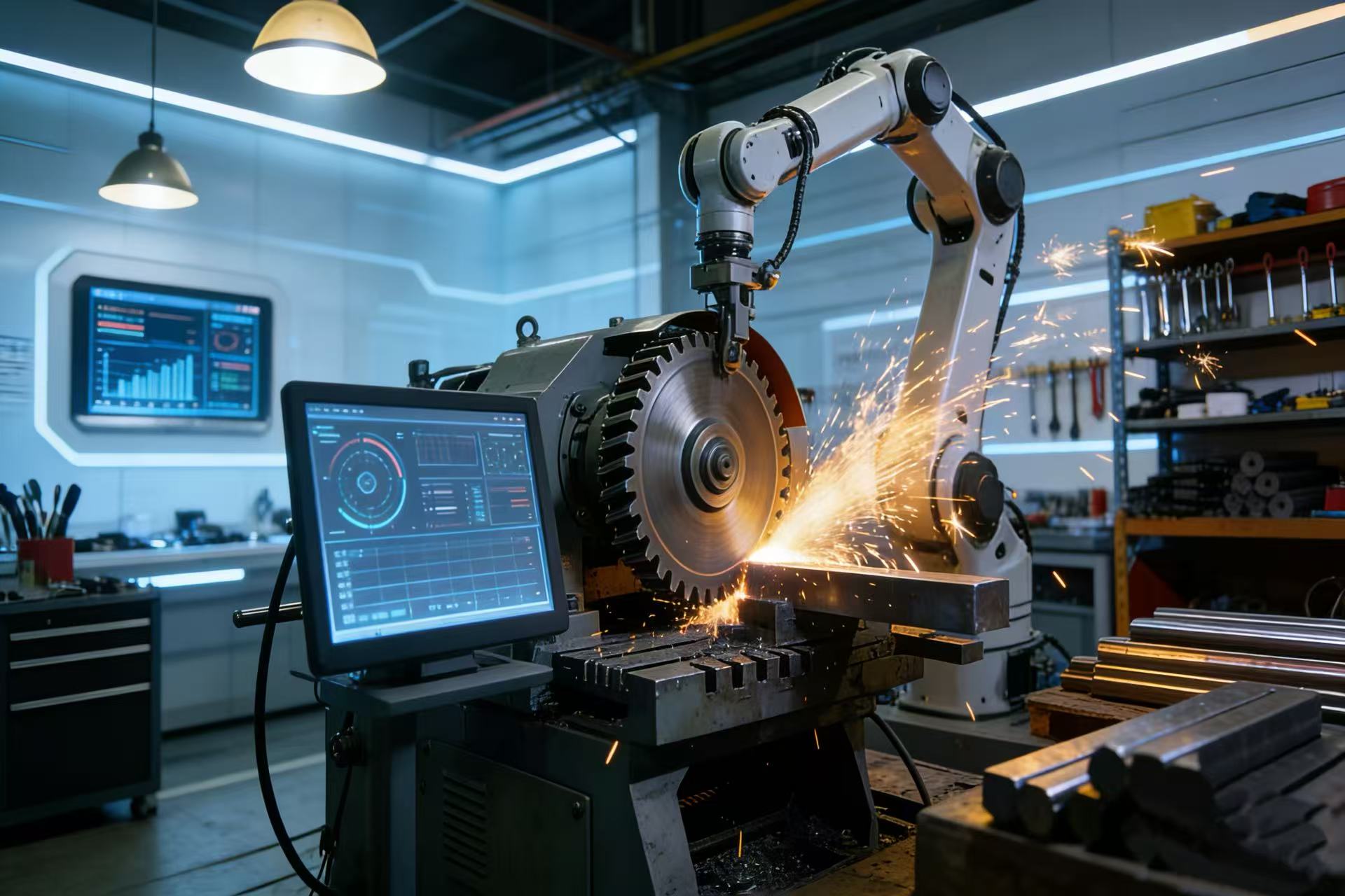 Demonstrates the collaboration between robotic arms and CNC cutting equipment, reflecting the factory's transition toward Industry 4.0 and intelligent production.