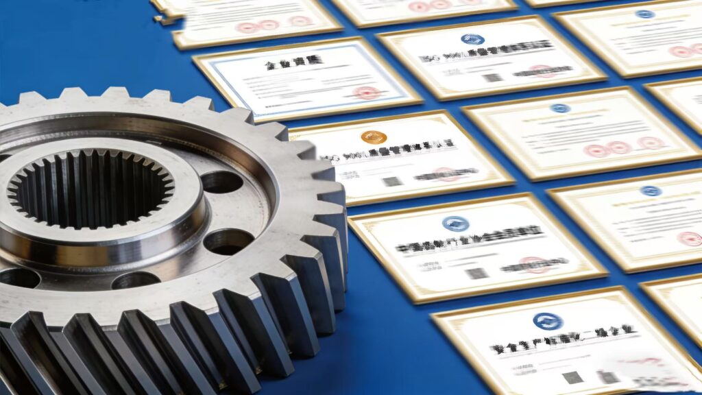 By juxtaposing physical gears with ISO certifications or quality diplomas, it visually proves that manufacturing precision meets rigorous industry standards.