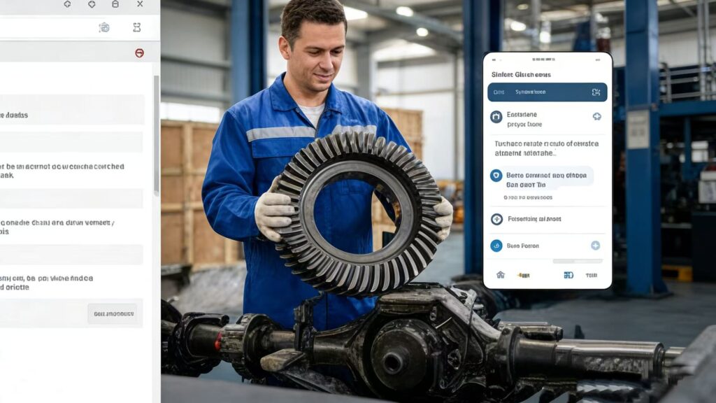 The interface suggests digital work orders or parts lookup, making it suitable for promoting Computerized Maintenance Management Systems (CMMS) or remote technical support.