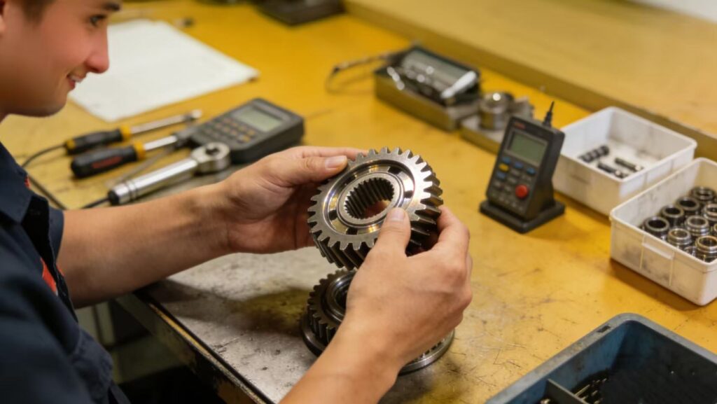 Technician carefully inspecting a hand-finished precision gear at a workbench, with calipers and measuring equipment laid out, demonstrating a rigorous quality control process and craftsmanship.