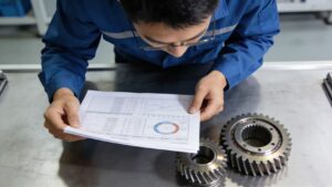 Quality engineer reviewing inspection reports and performance charts of high-precision gears to ensure compliance with standards.
