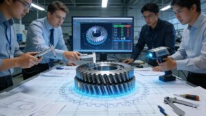 Precision gear machining, mechanical design blueprint review, and industrial component prototype display.