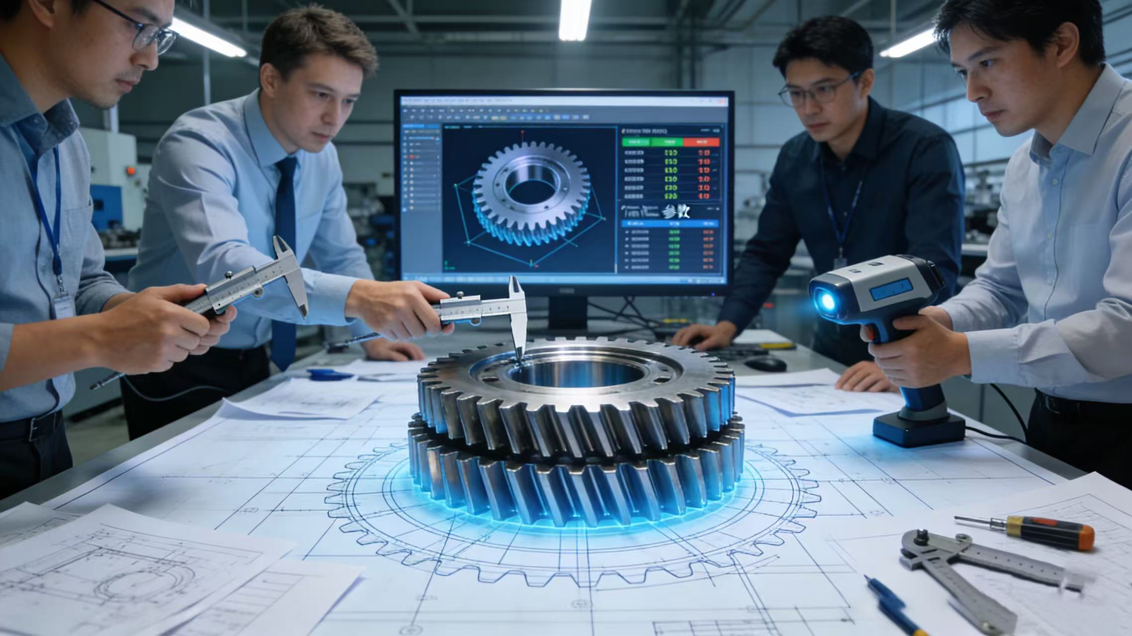 Precision gear machining, mechanical design blueprint review, and industrial component prototype display.