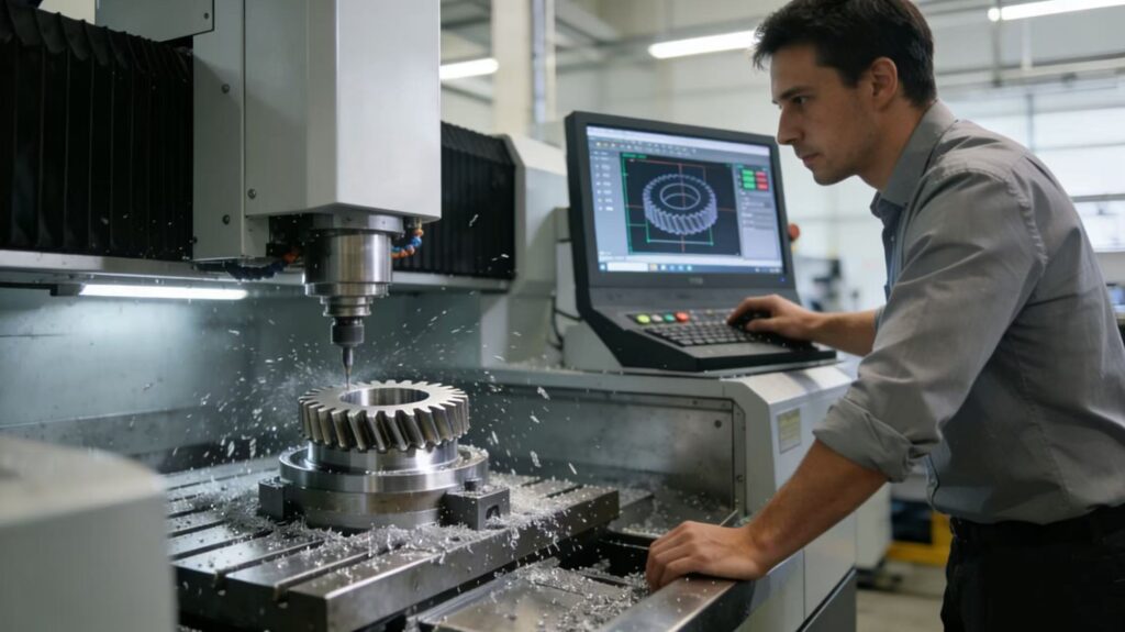 High-precision CNC milling process: Senior technician operating advanced equipment to produce large-module helical gears, ensuring every component meets strict design specifications.