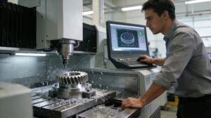 High-precision CNC milling process: Senior technician operating advanced equipment to produce large-module helical gears, ensuring every component meets strict design specifications.