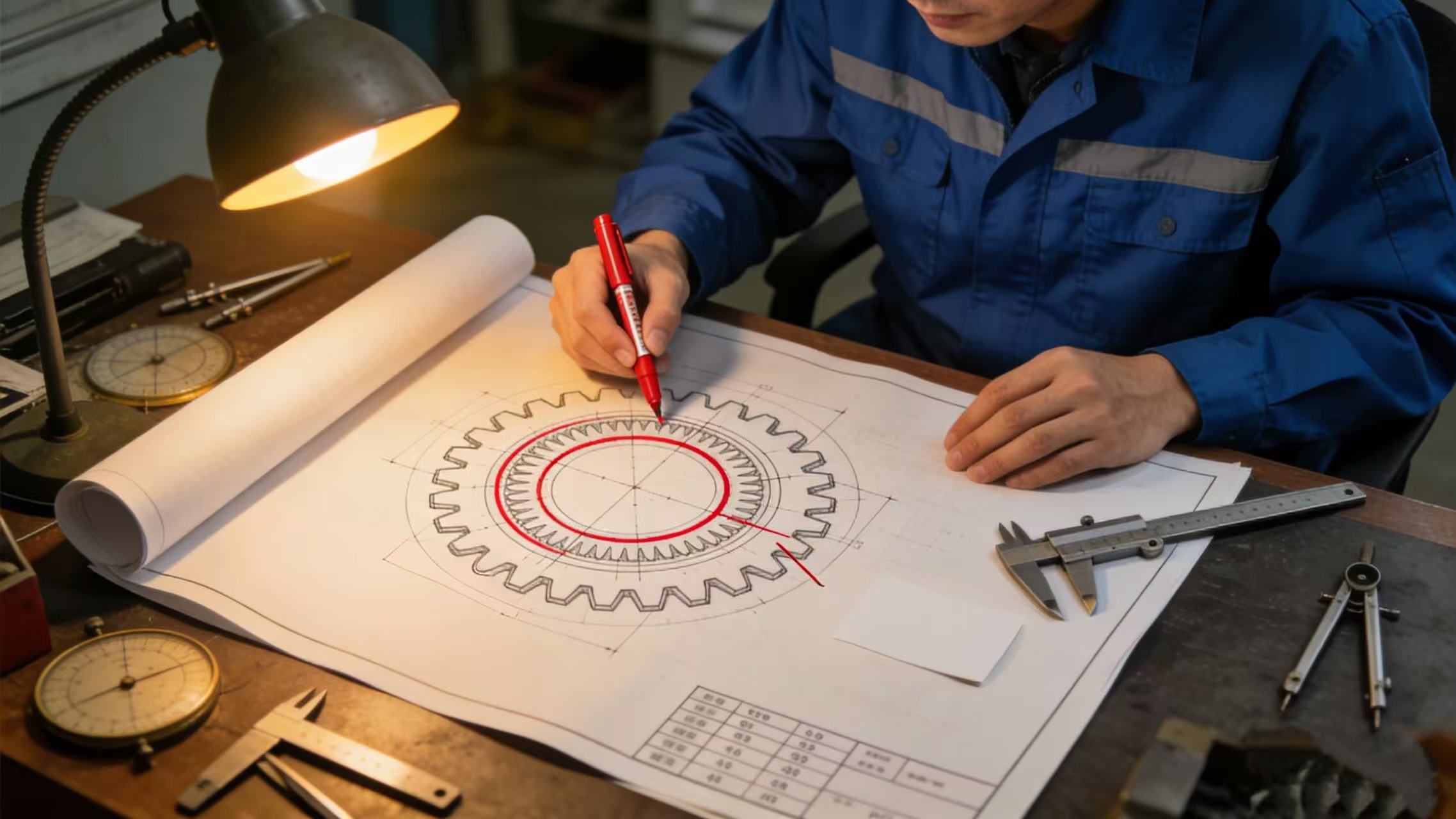 Late-night, an engineer meticulously drafting a gear design blueprint, with a calculator and various gear prototypes on the desk for cost analysis and structural verification.