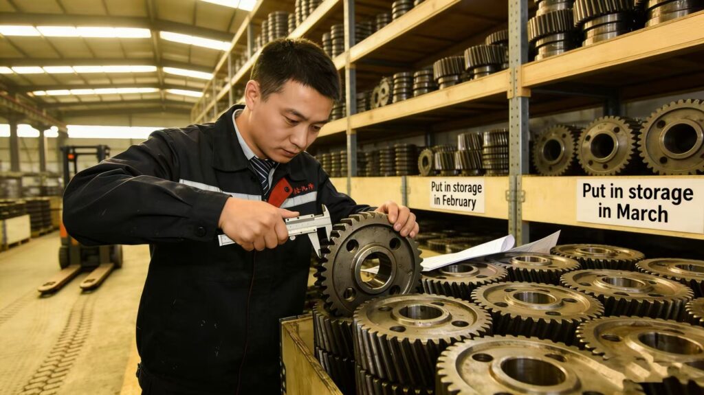 A technician performing final inspections on mass-produced helical gears, with advanced CNC machinery in the background.