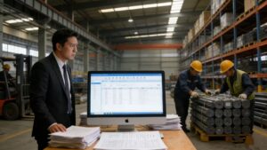 Mechanical engineer reviewing a complex transmission system blueprint in a professional R&D office environment.