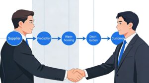 Digital supply chain management flowchart, illustrating the end-to-end partnership from Supplier, Production, Warehousing, and Distribution to Customer.