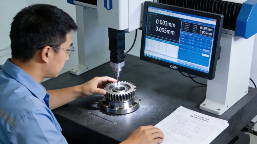 A technician using a CMM (Coordinate Measuring Machine) to inspect a precision industrial gear for quality control.