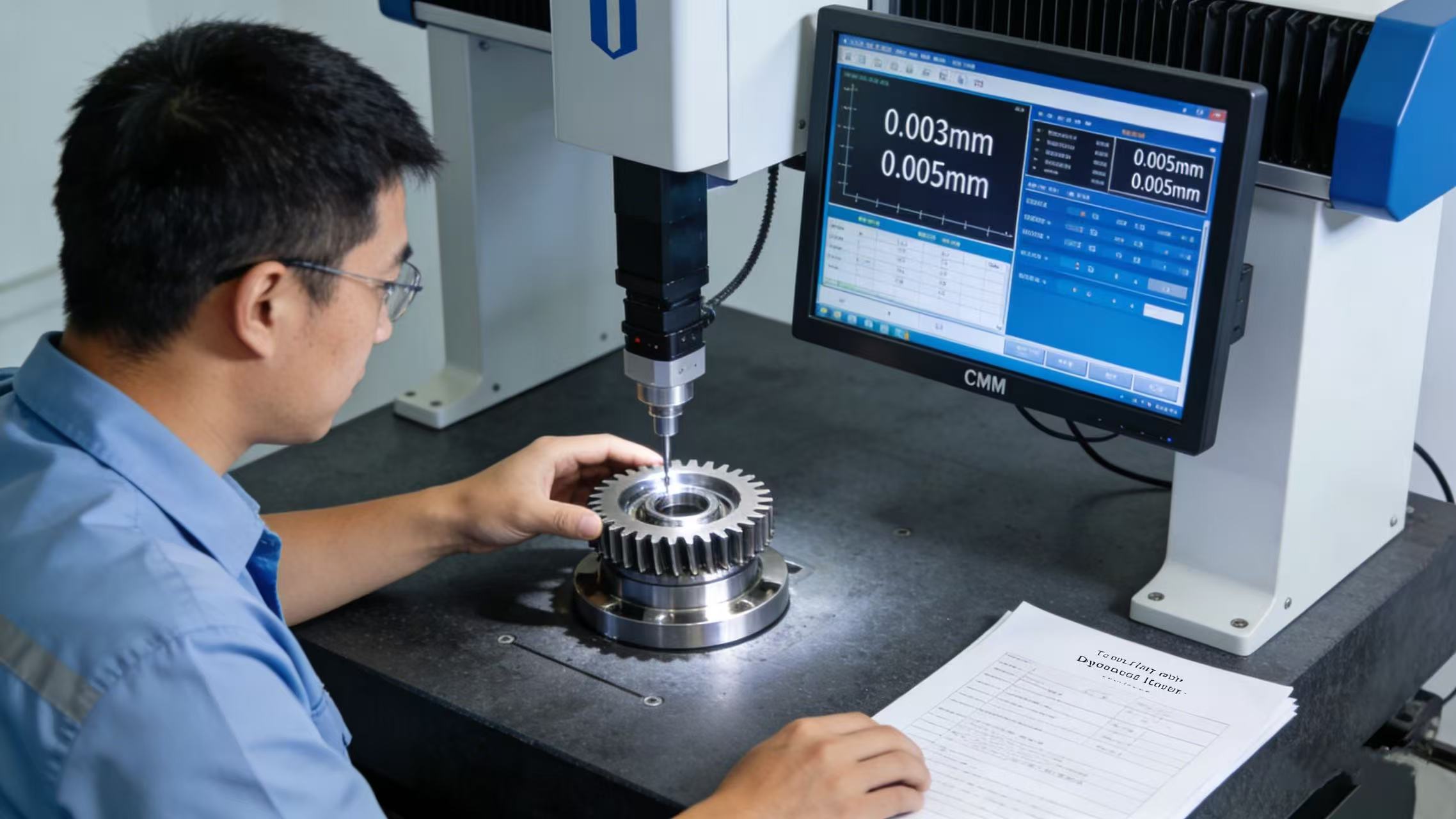 A technician using a CMM (Coordinate Measuring Machine) to inspect a precision industrial gear for quality control.