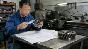 Experienced technician using a vernier caliper to measure a precision gear against engineering drawings in the workshop.