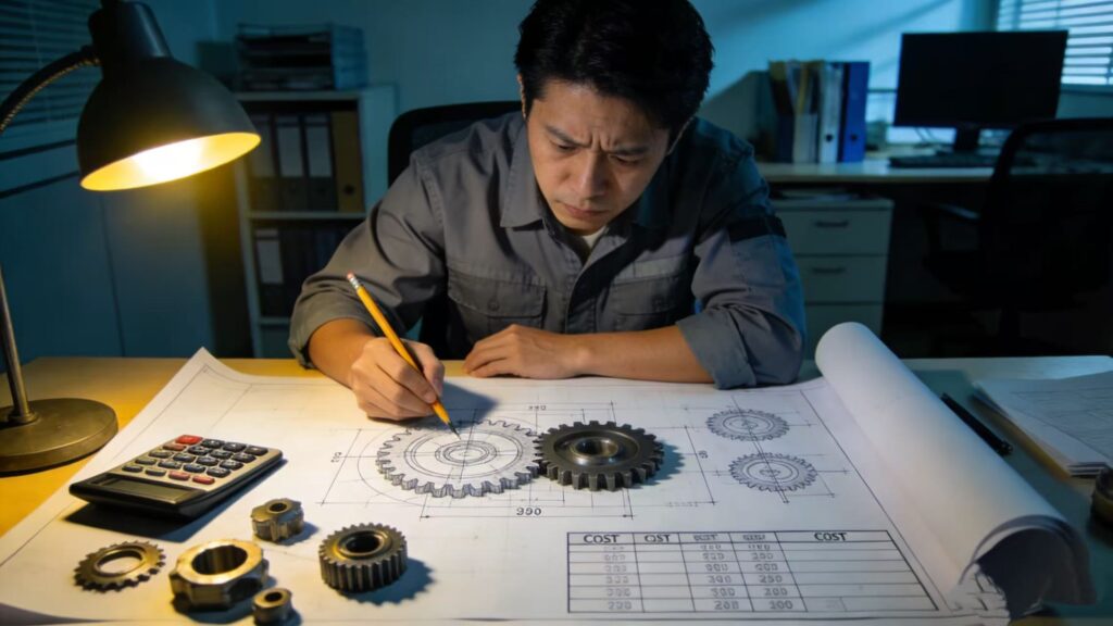 Late-night, an engineer meticulously drafting a gear design blueprint, with a calculator and various gear prototypes on the desk for cost analysis and structural verification.