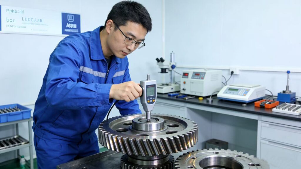 Quality engineer using a high-precision electronic gauge to inspect dimensional tolerances and surface integrity of a large helical gear in a lab.