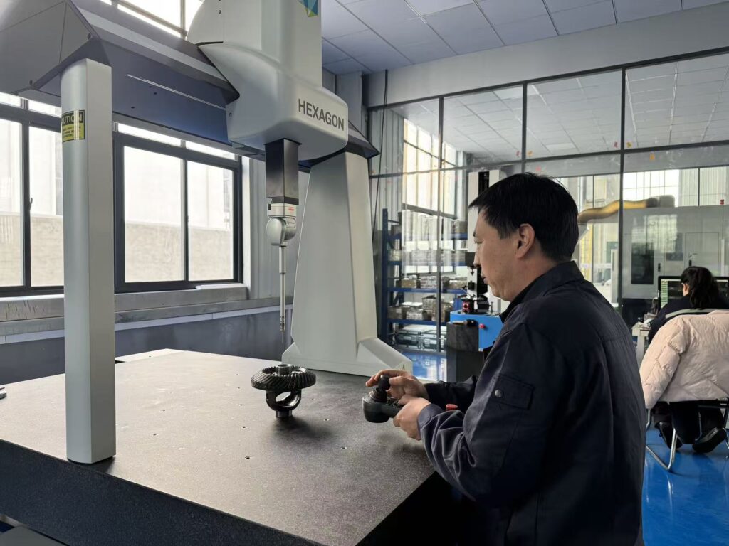 A technician using a vernier caliper to verify the dimensions of a precision-machined gear in a quality testing lab.