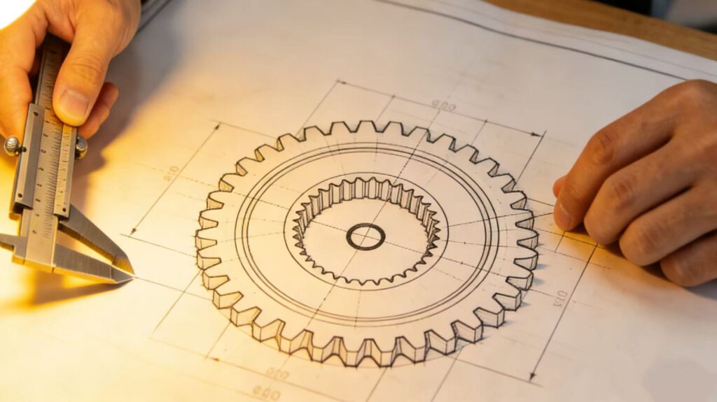Engineer conducting meticulous dimensional verification of a custom gear against technical blueprints and design drawings.