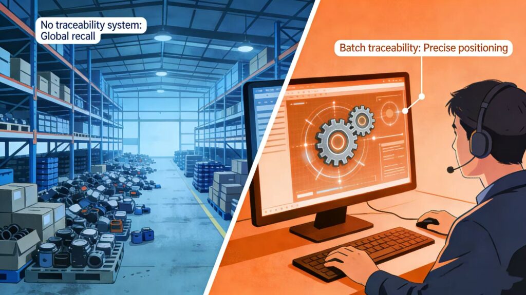 Batch traceability comparison in gear manufacturing: left showing global recall risks without a system, right showing precise positioning via digital tracking.
