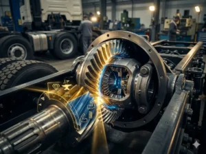 Heavy-duty truck differential ring and pinion gear showing HRC 58-62 hardness with digital overlay, ensuring superior durability.