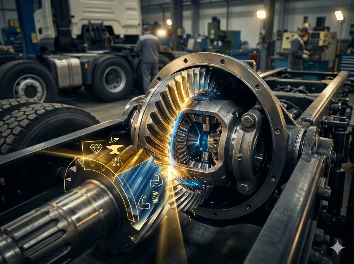 Heavy-duty truck differential ring and pinion gear showing HRC 58-62 hardness with digital overlay, ensuring superior durability.