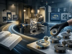 Full-process digital gear manufacturing display: from R&D and CNC precision machining to laser-inspected spiral bevel gear final products.
