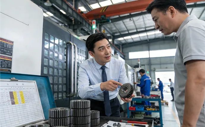 Gear manufacturing expert explaining machining processes and technical parameters of precision helical gears to a client in the workshop, providing custom transmission solution consulting.