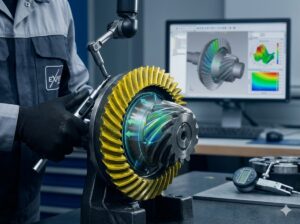 Engineer performing digital modeling and tooth contact analysis (TCA) on a spiral bevel gear for precision engagement.