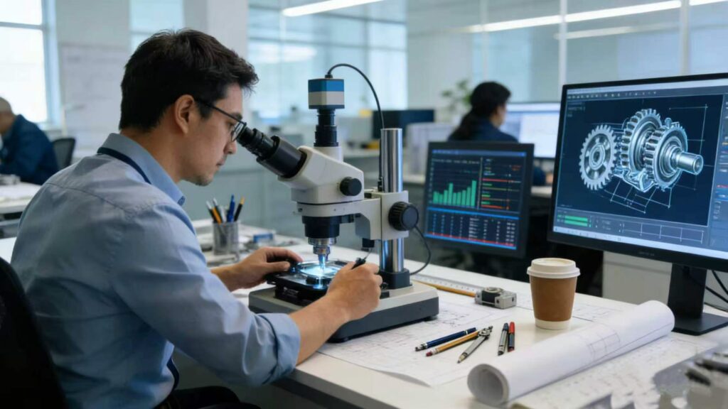 R&D engineer using a high-power microscope to inspect the microstructure of gear samples, with 3D modeling and performance analysis data shown in the background.