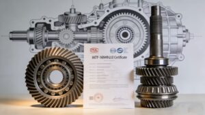 IATF 16949 certified precision spiral bevel gears and transmission shafts displayed with official quality certificate.