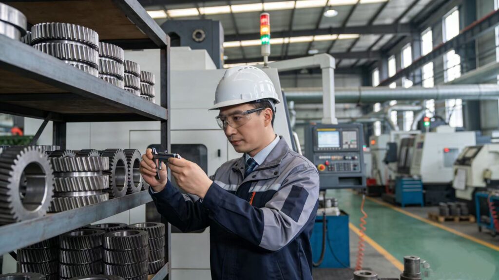 A technician performing final inspections on mass-produced helical gears, with advanced CNC machinery in the background.