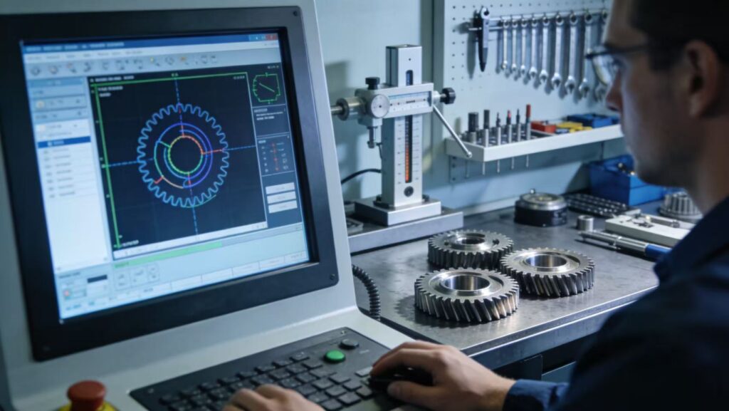 Engineer using a digital management system for gear design and machining parameter verification, achieving smart precision manufacturing.