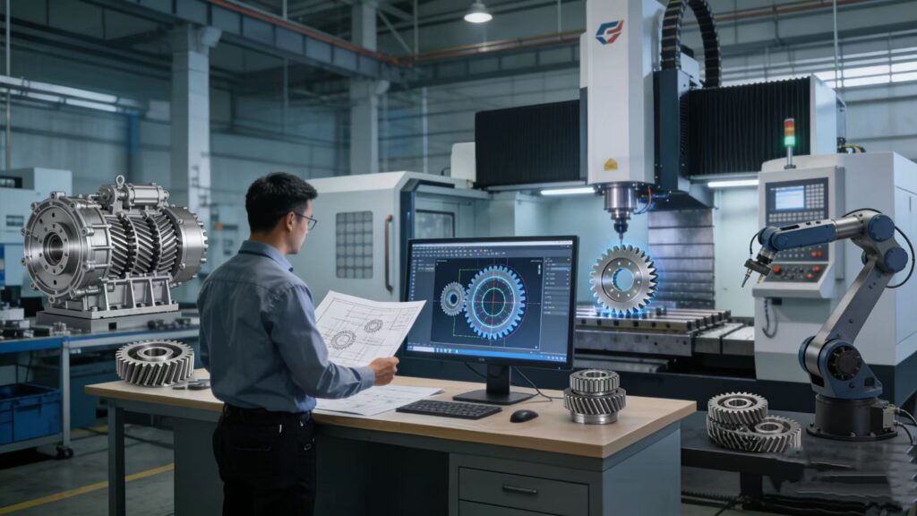 Digital gear machining workshop overview: an engineer reviewing blueprints with a CNC machining center, robotic arm, and precision gearbox assemblies in the background.