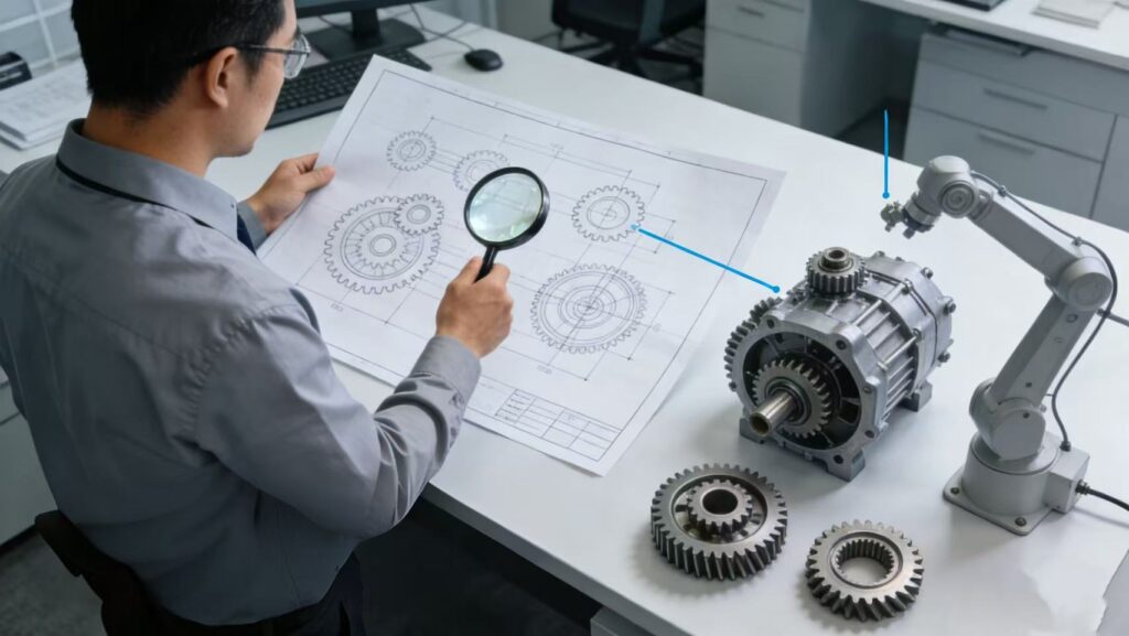 An engineer using a magnifying glass to audit gear assembly design drawings, with the corresponding precision differential housing and gears on the desk, demonstrating a rigorous engineering design process.