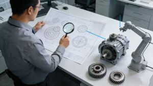 An engineer using a magnifying glass to audit gear assembly design drawings, with the corresponding precision differential housing and gears on the desk, demonstrating a rigorous engineering design process.