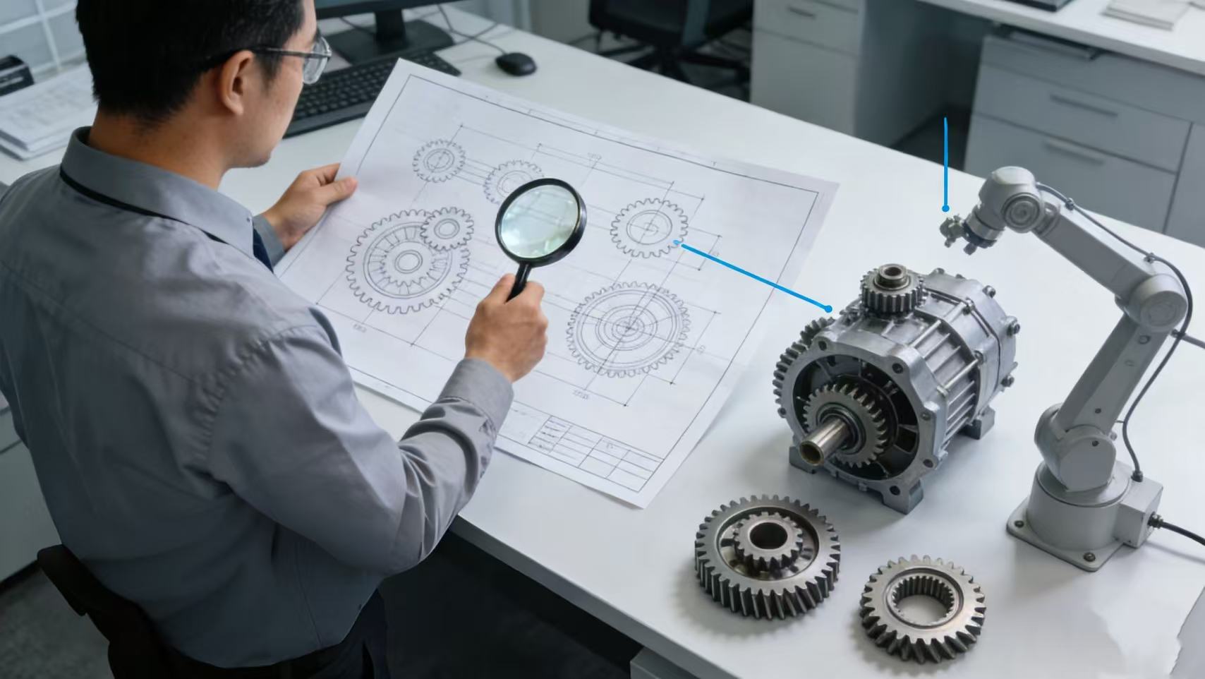 An engineer using a magnifying glass to audit gear assembly design drawings, with the corresponding precision differential housing and gears on the desk, demonstrating a rigorous engineering design process.