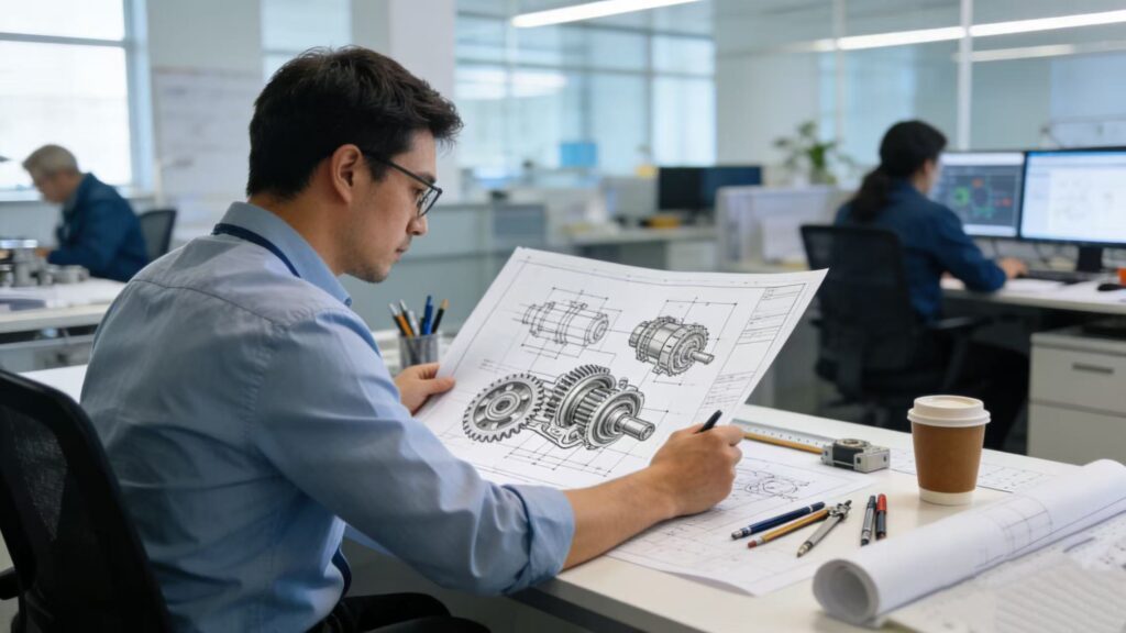 A mechanical engineer reviewing complex industrial gearbox transmission system design drawings in a modern digital R&D office.