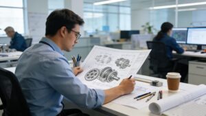 A mechanical engineer reviewing complex industrial gearbox transmission system design drawings in a modern digital R&D office.