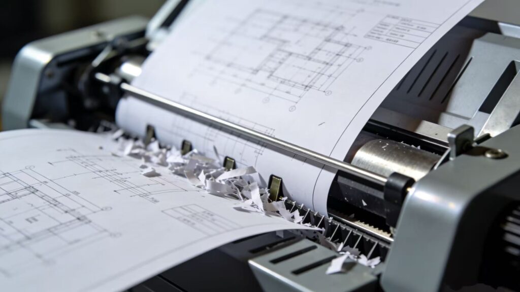 Strict privacy protection: A paper shredder destroying outdated engineering drawings and technical blueprints to ensure client data security.