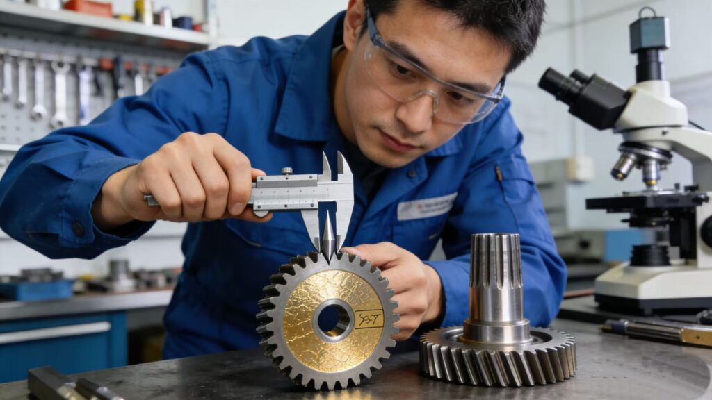 A technician using a vernier caliper to verify the dimensions of a precision-machined gear in a quality testing lab.