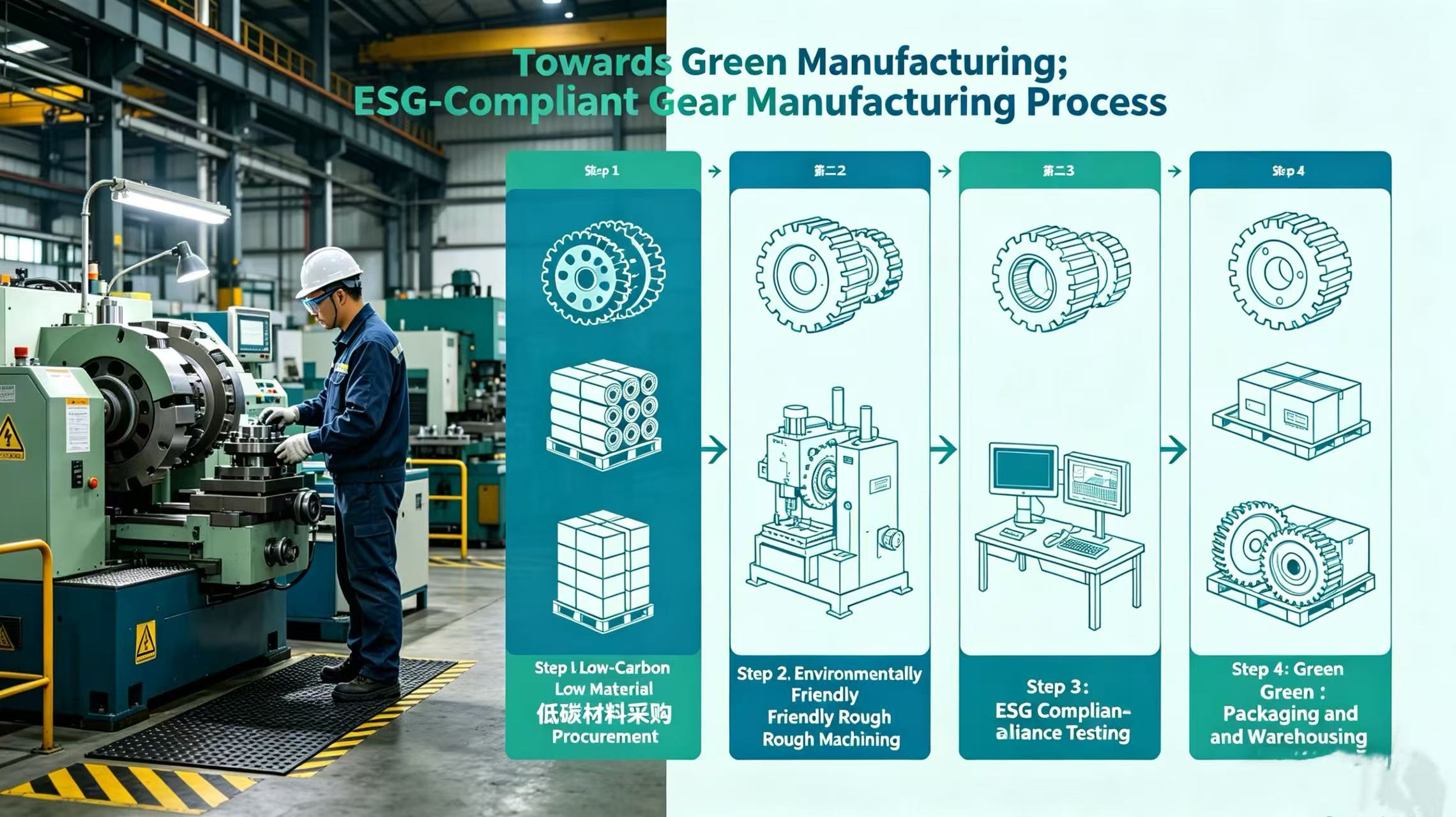 ESG-compliant green manufacturing process infographic showing low-carbon procurement, rough machining, testing, and green packaging.