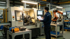 Technician monitoring an automated CNC gear hobbing machine with a robotic arm in a modern factory.