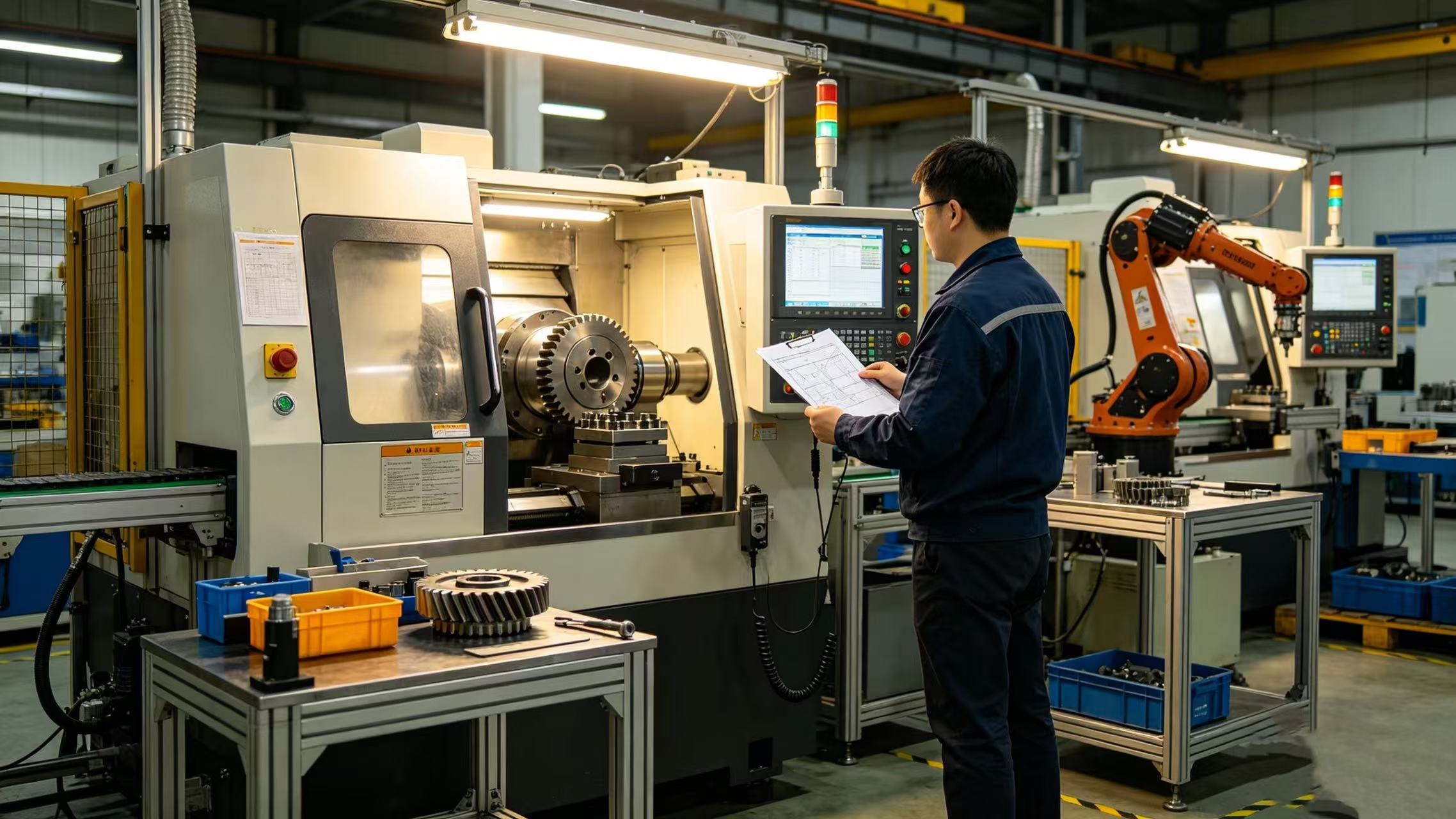 Technician monitoring an automated CNC gear hobbing machine with a robotic arm in a modern factory.