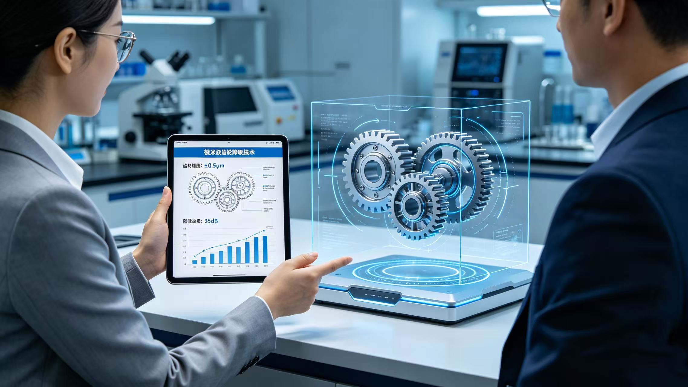 Engineers analyzing a 3D holographic gear model and digital performance data in a high-tech laboratory.