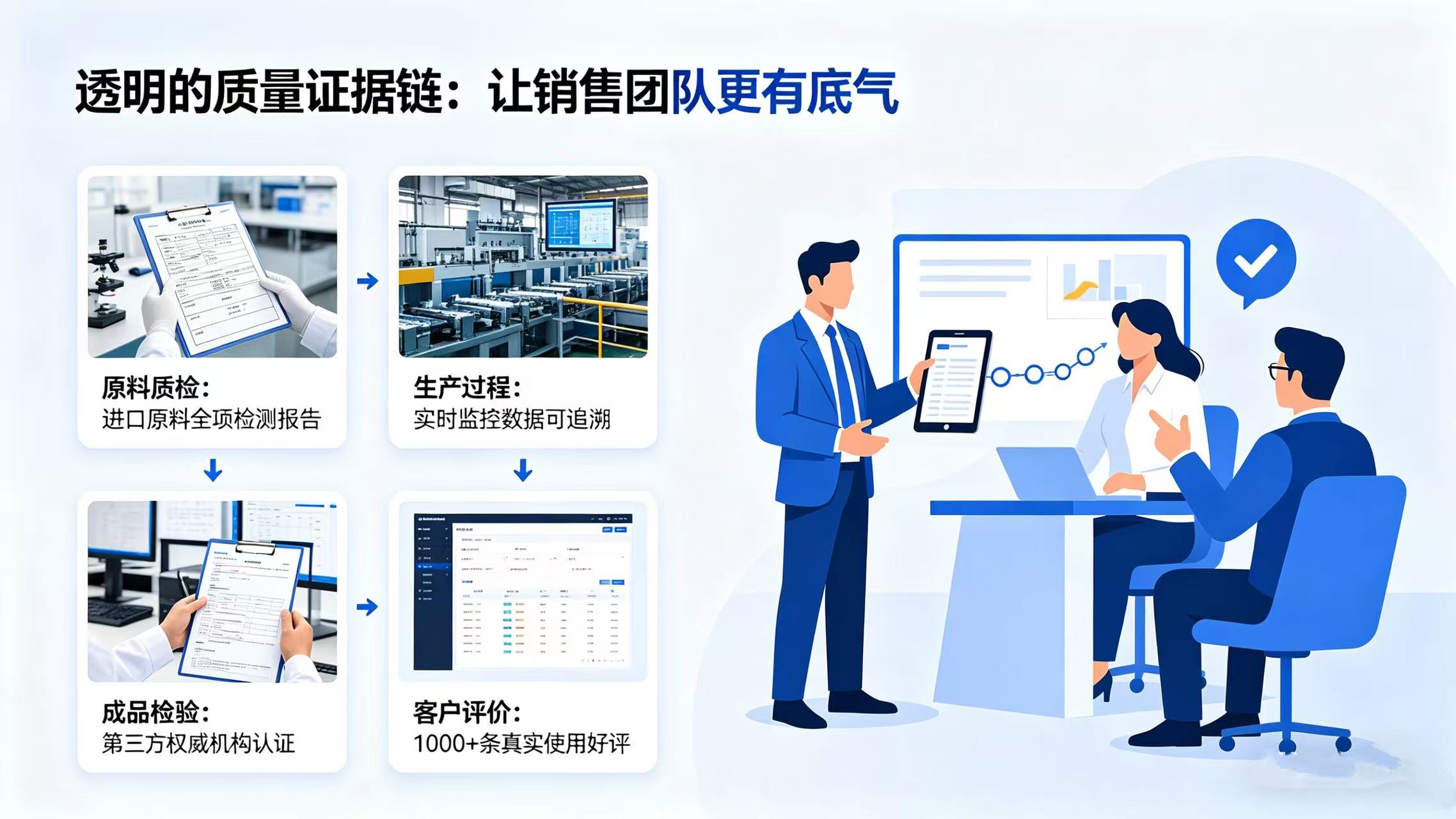Infographic of a transparent quality evidence chain showing raw material inspection, production monitoring, and customer reviews.